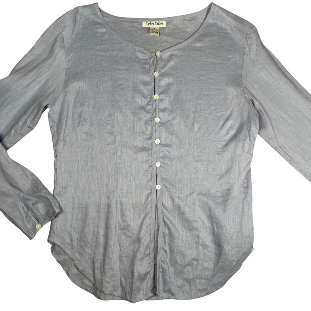 Tyler Boe Light Blue 100% Linen Button Front Long Sleeve Blouse Top Coastal‎